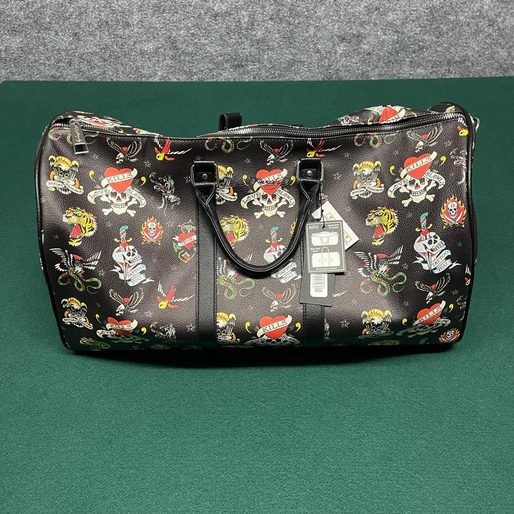 Ed Hardy Duffle Bag Black Tattoo Flash Print Vegan Leather Laptop Sleeve Travel - Picture 1 of 12